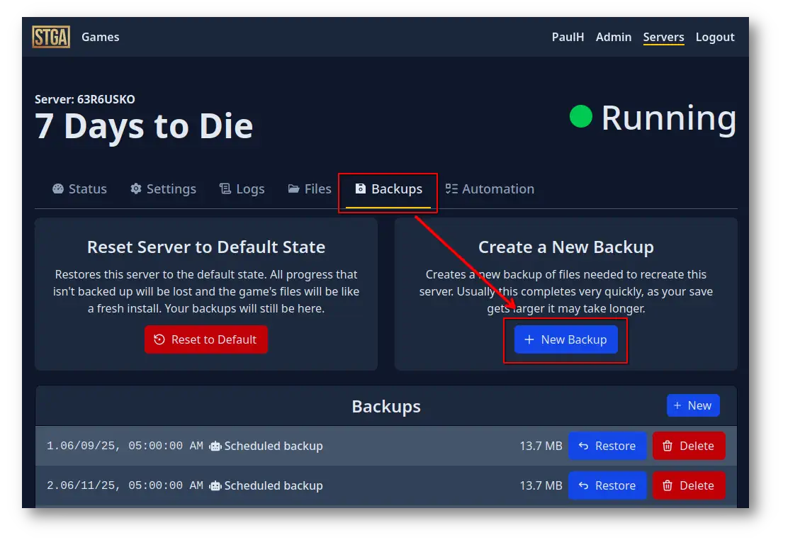 backup tab is selected on the server dashboard and the new backup button is highlighted
