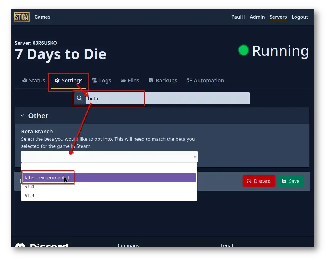 settings tab selected with beta typed into the search bar and latest_experimental branch selected in a dropdown